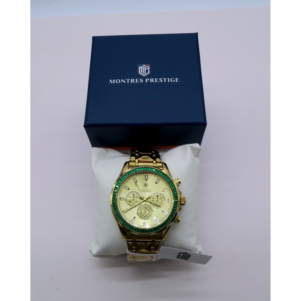 Montres Prestige Gold Chronograph Watch Green Crystal Bezel MPW-0340 New